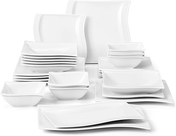 MALACASA Plates and Bowls Sets, 26 Pieces Ivory White Porcelain Dinnerware Sets