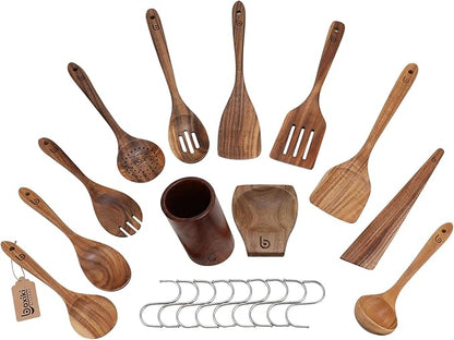 Teak Wood Utensil Set – Premium Natural Wooden Cooking Tools for Nonstick Cookware, Stirring & Serving – Durable, Non-Toxic Kitchen Spatulas (12)