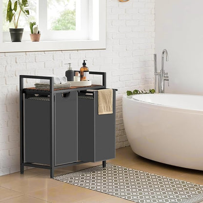 Laundry Hamper, Laundry Sorter with 2 Pull-Out Removable Oxford Fabric Bags Cloth Laundry Basket 2 x 10 Gallons (Grey and Rustic Brown)