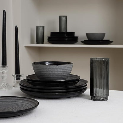 Stone Lain Dua 16-Piece Dinnerware Set Stoneware, Borosilicate Glass, Black