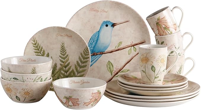 Corona 16–piece Birds Nature Garden Inspired Ceramic Dinnerware Sets | Plates Bowls and Mugs | Service For 4 | Lovely Garden