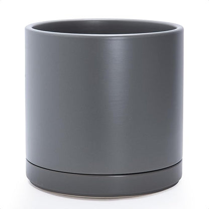 D'vine Dev 12 Inch Ceramic Planter Pot with Drainage Hole and Saucer, Indoor Cylinder Round Planter Pot, Speckled Grey, 94-O-F-3