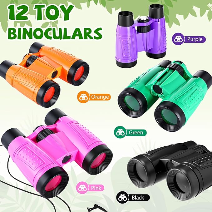 12 Set Binocular Compass Magnifying Glass Set Christmas Birthday Gift Small Telescope Binocular with Whistle Bag for Outdoor Exploring Stocking Stuffer(Stylish Color,Classic)