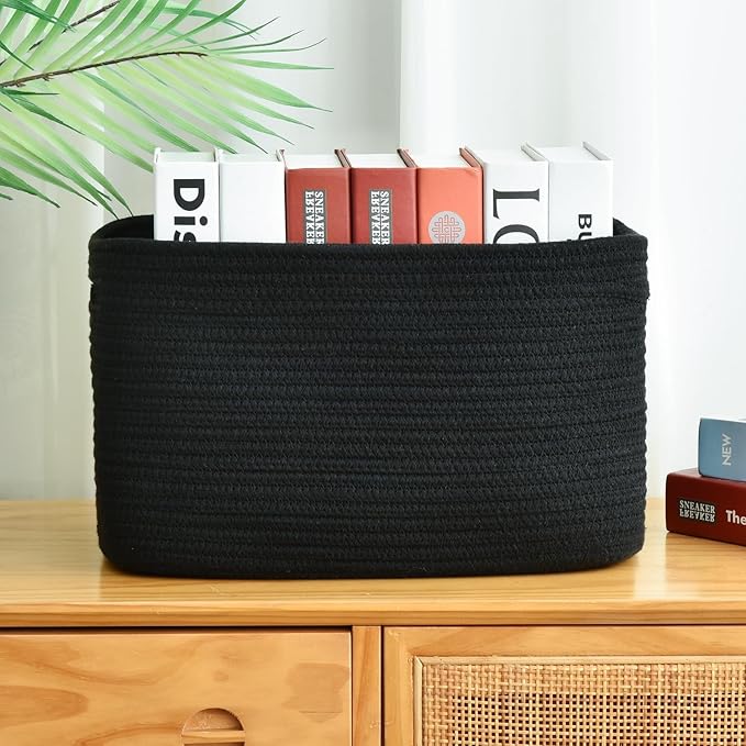 Storage Basket,Woven Baskets for Storage,Cotton Rope Baskets for Organizing,decorative Baskets for Shelves,book Basket,towel Basket,Toy Basket or Storage Bins for Living Room - 3 Pack,Black