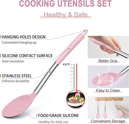 E-far Silicone Cooking Utensils Set, 14-Piece Pink Kitchen Utensils Set with Holder, Kitchen Tools Spatulas with Stainless Steel Handle for Non-stick Cookware, Heat Resistant & Dishwasher safe