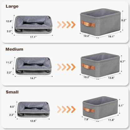 Large Storage Baskets for Shelves 3 Packs, Fabric Storage Bins for Shelves with Handles, 11.8'' L ×7.8'' W × 5.1'' H Collapsible Baskets for Organizing Clothes, Toy, Grey