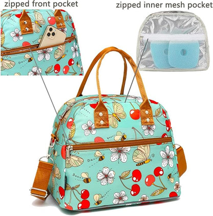 FlowFly Insulated Lunch Bag With Shoulder Strap for Women, Men, and Kids, Large and Reusable, Handle, Freezable Work and School Travel Tote and Meal Prep Organizer,Turquoise Cherry