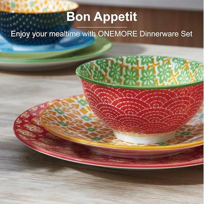 ONEMORE Ceramic Dinnerware Set, 12 Pieces Dish Sets for 4, Porcelain Plates and Bowls Sets, Microwave and Dishwasher Safe, Colorful