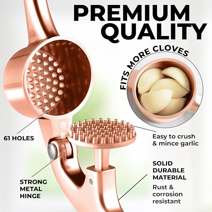 Zulay Kitchen Large Premium Garlic Press Set - Bigger Bowl for Bigger Garlic - Rust Proof & Dishwasher Safe Garlic Mincer Tool - Easy-Squeeze, Easy-Clean Silicone Garlic Peeler & Brush (Rose Gold)
