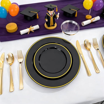 SUT 175 Piece Black and Glod Plastic Dinnerware Set