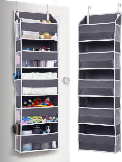 ULG 1 Pack Over Door Organizer with 5 Large Pockets 10 Mesh Side Pockets, 44 lbs Weight Capacity Hanging Storage Organizer with Clear Window Kids Toys, Shoes, Diapers, Dark Grey, 5 Layers