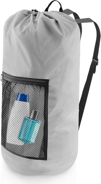 Laundry Bag Backpack, Extra Large Travel Laundry Bag with Mesh Pocket & Adjustable Shoulder Straps,Dirty Clothes Travel Bag for College Students Dorm,Apartment(Light Gray)