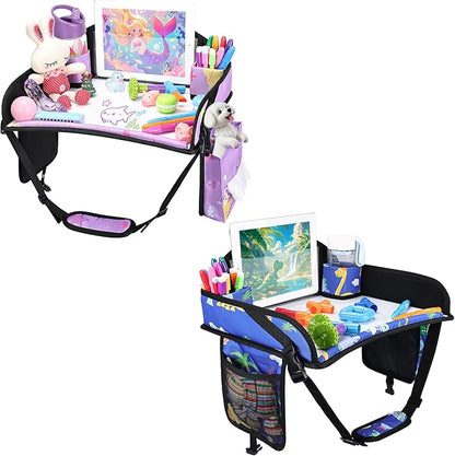 2PCS Kids Travel Tray for Airplane - Toddler Car Seat Table Tray, Road Trip Essentials for Boys & Girls, Carseat Lap Desk for Kids Road Trip Activities (Blue Dinosaur/Purple Mermaid)