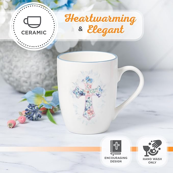 Christian Art Gifts Encouraging Ceramic Coffee & Tea Mug for Women: Pink & Light Blue Floral Cross, Cute Microwave & Dishwasher Safe Cup, Lead-free Clean Inspirational Novelty Drinkware, White, 12 oz.