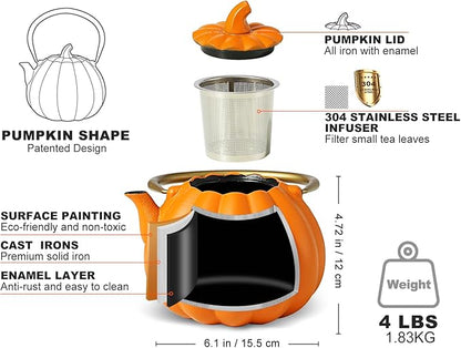 VICSKY Orange Pumpkin Cast Iron Teapot, Natural Pumpkin Color, Japanese Cast Iron Tea Kettle Stovetop Safe with Infuser, Cute Creative Pumpkin Halloween Teapot(40oz/1200ml, Orange)