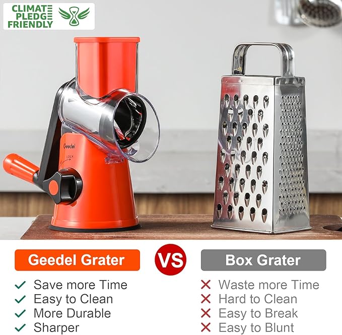 Geedel Rotary Cheese Grater, Kitchen Mandoline Vegetable Slicer with 3 Interchangeable Blades, Easy to Clean Rotary Grater Slicer for Fruit, Vegetables, Nuts