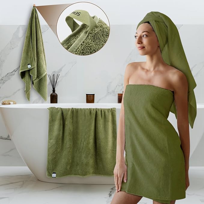 SEMAXE Green Bathroom Towel, 100% Cotton Bath Towel with Hanging Loop and Smart Tag, Hotel & Spa Quality Soft Absorbent Towel, Gift Box Packaging, 1 Pc Bath Towel, 55" L x 27" W