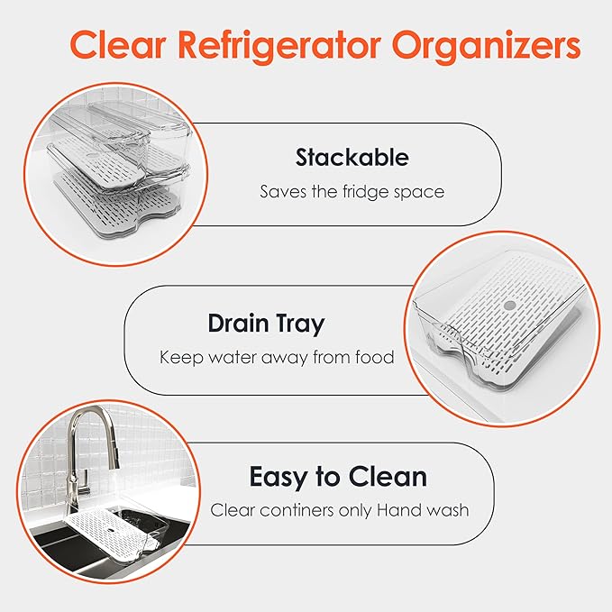 Fridge Organizers and Storage, 6 Pack Clear Freezer Organizer Bins with Lids for Kitchen, Pantry, Refrigerator, Food, Fruit, Vegetable Storage
