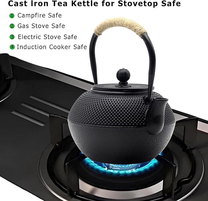 YJX 40.6oz Cast Iron Teapot Set with Warmer, Japanese Tea Set for Stovetop, 1200ml Black Tea Pot and Tea Cups Set, Tea Kettle with Infuser for Loose Leaves, Enameled Asian Teapot Sets for Adults