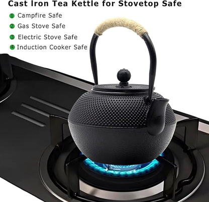 YJX 40.6oz Cast Iron Teapot Set with Warmer, Japanese Tea Set for Stovetop, 1200ml Black Tea Pot and Tea Cups Set, Tea Kettle with Infuser for Loose Leaves, Enameled Asian Teapot Sets for Adults