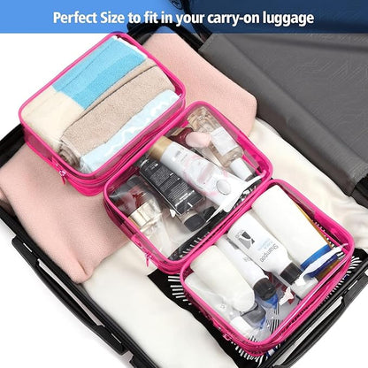 PACKISM Clear Makeup Bags - 3 Pack TSA Approved Clear Travel Bags for Toiletries, Carry on Toiletry Bag TSA Approved Toiletry Bag, Matte Rose Red
