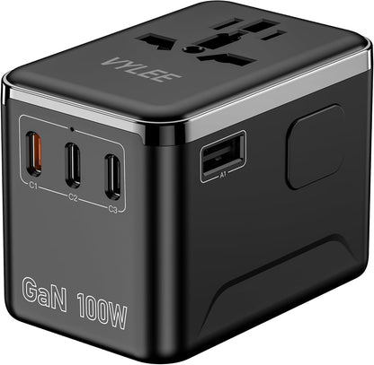 Universal Travel Adapter, PD100W GaN International Power Adapter with 3 USB C and 1 USB A Charging Ports, All in One Power Outlet, Worldwide Plug Adapter for US to European Europe UK AUS Ireland