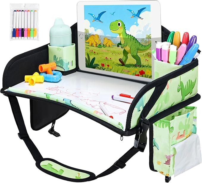 Kids Travel Tray, Car Seat Tray for kids Travel, Toddler Road Trip Essentials With Drawing Kit, Toddler Lap Desk Organizer for Car, Carseat Table for Airplane