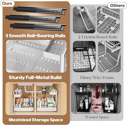 1-Pack L-Shape Expandable Under Sink Organizer with 3 Ball-Bearing Slide Rails,2-Tier Pull-Out Under Cabinet Storage Shelf for Kitchen & Bathroom,Height-Adjustable Slide-Out Cabinet Drawer-White