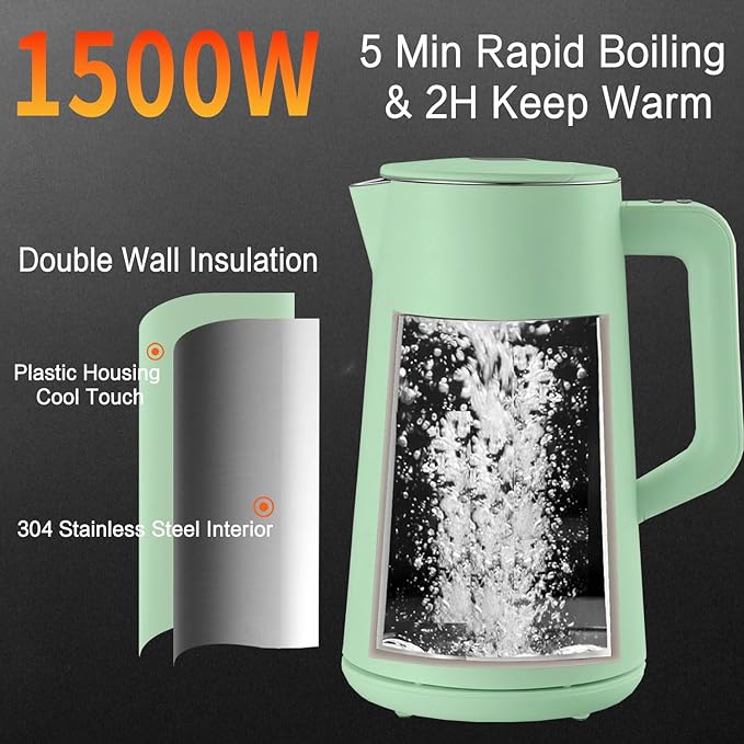 1.5L Electric Kettle Stainless Steel, Double Wall Cool Touch Teapot, Fast Boil,5 Temperature Control, LED Display, Auto Shut-Off,Keep Warm Function,Green