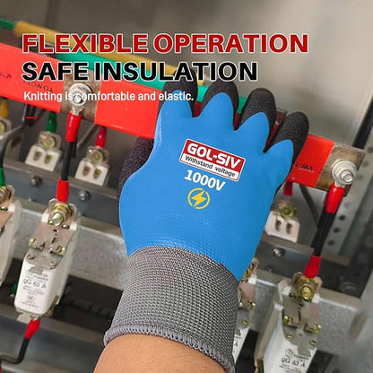 Electrician Gloves 1000V High Voltage,Double Insulated Electrical Gloves For Men,Rubber Safety Work Gloves (Blue,Large)