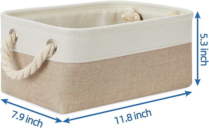 Temary Small Fabric Storage Baskets 6 Pcs Decorative Baskets Bins for Gifts Empty Foldable Storage Basket with Handles for Organizing Shelf, Towels (White&Khaki,11.8 L x 7.9 W x 5.3 H inches)
