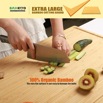 Extra Large 100% Organic Bamboo Cutting Board, 24x18 Inch Butcher Block Chopping/Carving Board with Handle and Juice Groove for Turkey, Meat, Vegetables, BBQ (XXL, 24" x 18"）