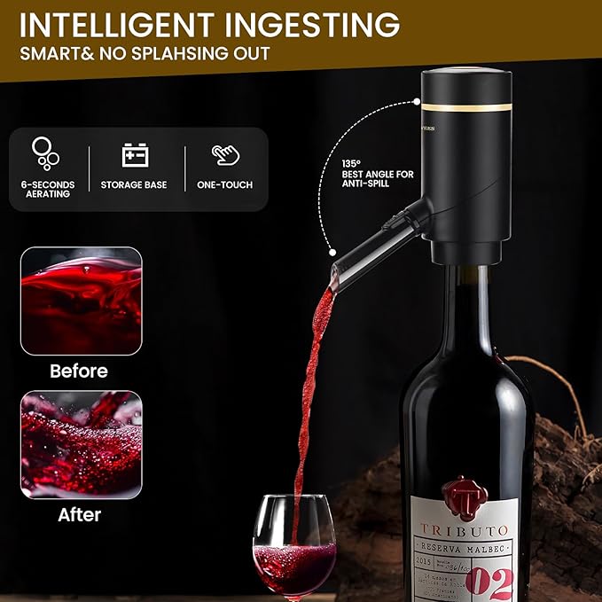 3-in-1 Electric Wine Aerator & Decanter Set with Stand Base - Automatic Pump Dispenser, Retractable Tube, and Built-in Pourer, Ideal Gift for Wine Lovers