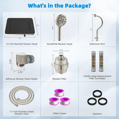 Hibbent 5-spray 13'' Dual Filtered Rainfall Shower Head Combo, High Pressure 10-setting Handheld Shower Head with 12'' Adjustable Extension Arm, 20 Stage Shower Filter, 71'' Hose, Brushed Nickel