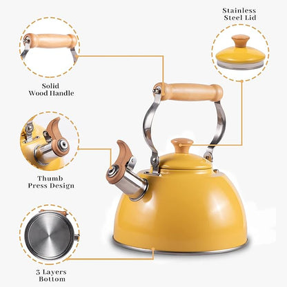 ROCKURWOK Tea Kettle, Tea Pot with Cool Touch Ergonomic Handle, Teapot Food Grade Stainless Steel, Tea Kettle Stovetop, Kettle Teapot, Whistling Tea Kettle, Tea Pot, 2.7 Quart (Yellow)