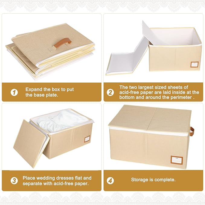 Wedding Dress Storage Box, Wedding Dress Preservation Box with Lid, Foldable Acid-Free Organizer with 1 Pair of Microfiber Gloves and 20 Sheets of Acid-Free Paper (1, Large)