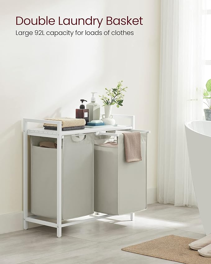 VASAGLE Laundry Hamper, Laundry Basket, Laundry Sorter with 2 Pull-Out and Removable Bags, Shelf, Metal Frame, 2 x 12.1 Gallons (46 L), 28.8 x 13 x 28.4 Inches, Cream White and Cloud White UBLH201W01