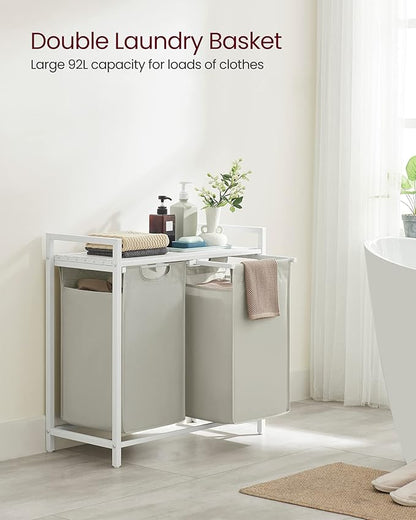 VASAGLE Laundry Hamper, Laundry Basket, Laundry Sorter with 2 Pull-Out and Removable Bags, Shelf, Metal Frame, 2 x 12.1 Gallons (46 L), 28.8 x 13 x 28.4 Inches, Cream White and Cloud White UBLH201W01