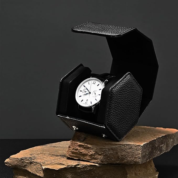 Oirlv Luxury Hexagonal Leather Watch Travel Case Single Watch Box for Men Portable Jewelry Storage Roll Organizer (1-Slot,Black)