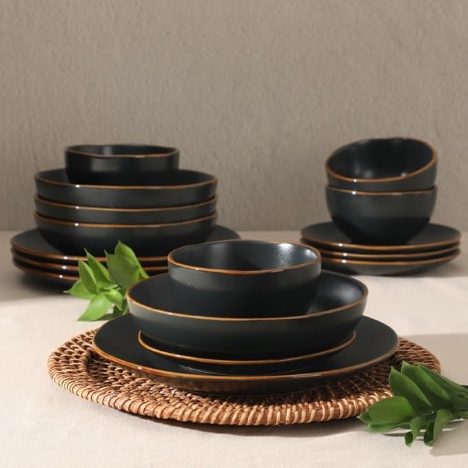 Gibson Home Hazeltine 16-Piece Black Stoneware Dinnerware Set – Plates and Bowls