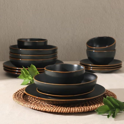 Gibson Home Hazeltine 16-Piece Black Stoneware Dinnerware Set – Plates and Bowls