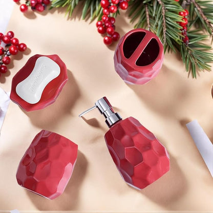 Ceramic Bathroom Accessories Set 4 PCS,Bathroom Toothbrush Holder Set,Soap and Toothbrush Holder Set,Include Toothbrush Holder,Soap Dispenser,Tumbler,Soap Dish,Bathroom Sets Decor Organizer (Red)
