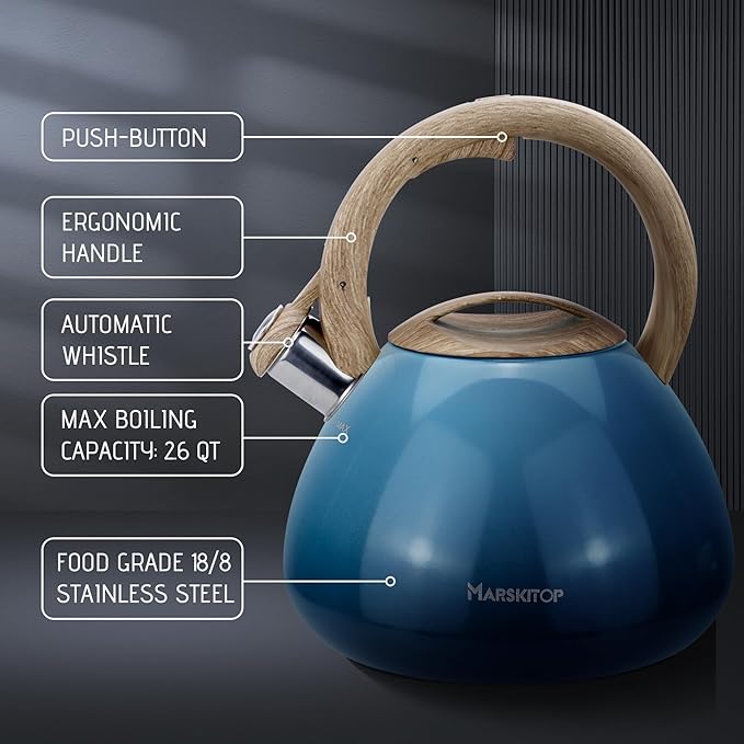 MARSKITOP Tea Kettle Stovetop Whistling Tea Pots for Stove Top Food Grade Stainless Steel Teapot for Induction Cooktop, 2.6 Quart, Blue