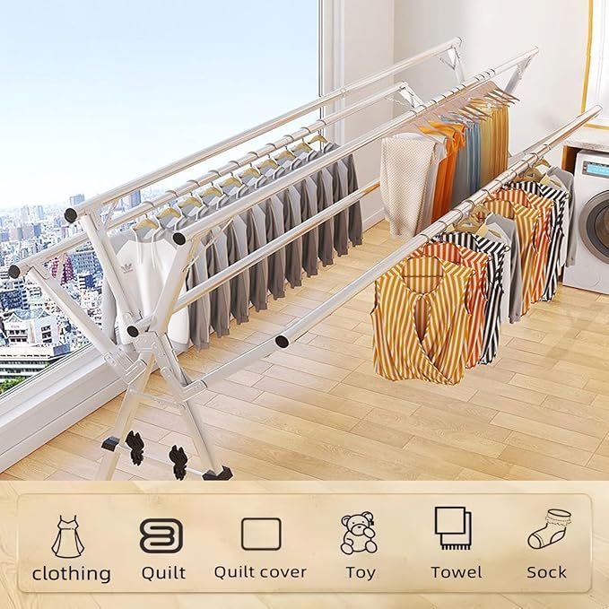 Adjustable 5-Bar Clothes Drying Rack, Foldable Stainless Steel Laundry Stand with Lockable Wheels, Extendable from 59 to 94.5 Inches,for Clothes, Shoes, and Bedding