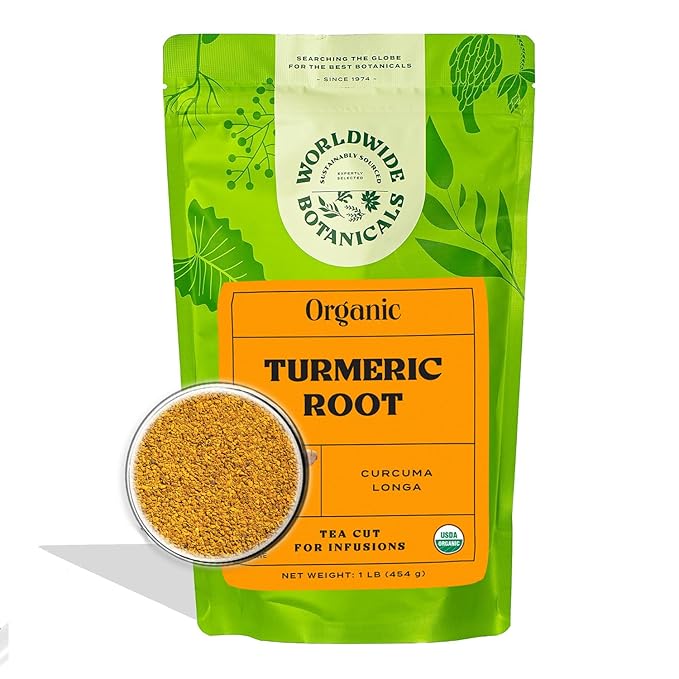 Worldwide Botanicals Organic Turmeric Tea, 1 lb, Tea Cut For Best Infusion - 100% Curcuma longa – Ayurvedic Herb For Optimal Health - 16 ounces