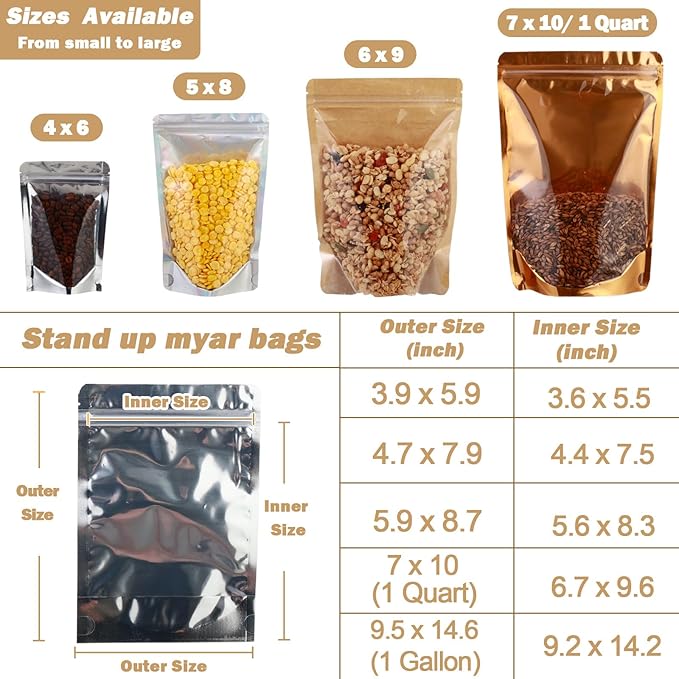 150-pack 7” x 10” Stand Up Mylar Bags with Clear Window 1 Quart Resealable Silver Aluminum Foil Pouches for Food Storage Smell Proof Edible Packaging Bag for Small Business Bulk