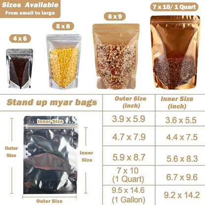 150-pack 7” x 10” Stand Up Mylar Bags with Clear Window 1 Quart Resealable Silver Aluminum Foil Pouches for Food Storage Smell Proof Edible Packaging Bag for Small Business Bulk