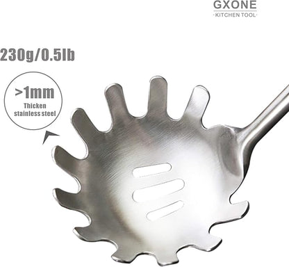 Spaghetti Spoon,304 Stainless Steel Pasta Spoon with Heat Resistant Wooden Handle,Silver/14.2Inch