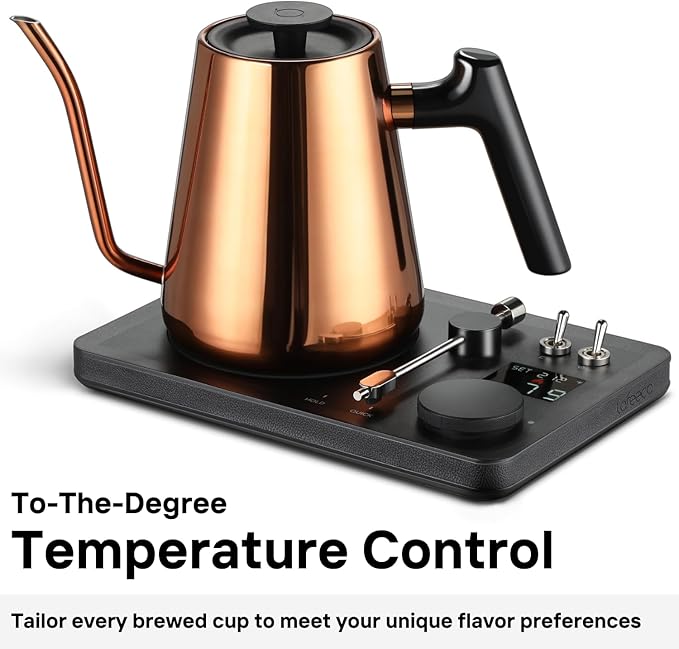 Lafeeca DJ Electric Gooseneck Kettle for Pour Over Coffee & Tea - Water Boiler - Turntable Design - Quick Heating & Temperature Control - Copper