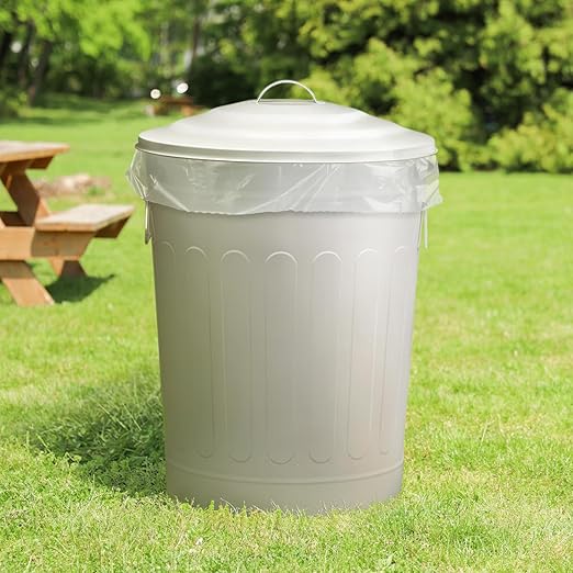 Plexon Round Trash Can 13 Gallon, Vintage Metal Outdoor Trash Can with Lid, Retro Farmhouse Garbage Container, Old School Modern Ash Bucket, Beige 6 Pack